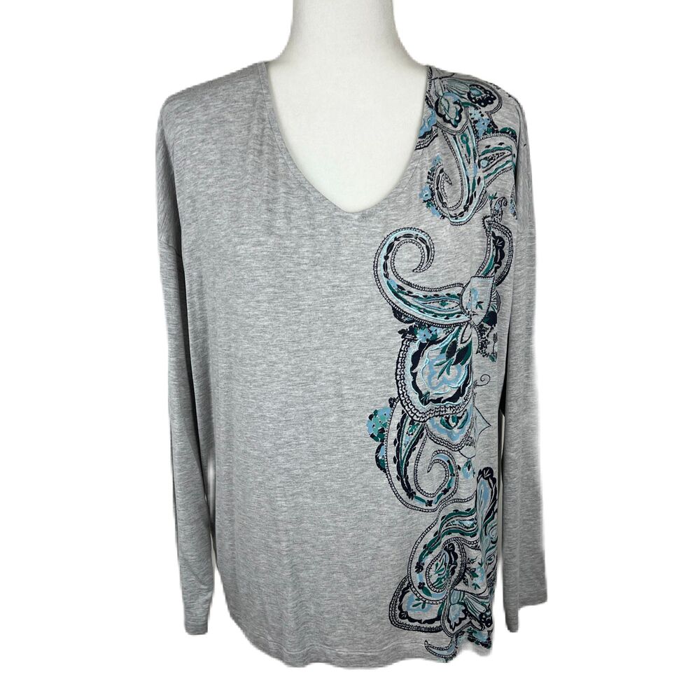 Chico's Blouse Women Large Grey Long Sleeve Blue Embroidered Paisley Floral